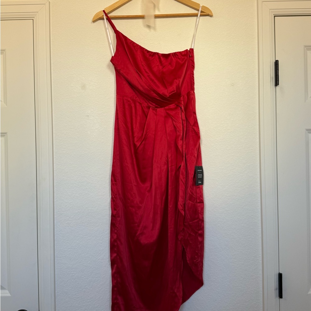 Law of Attraction Red Satin One-Shoulder Asymmetrical Midi Dress